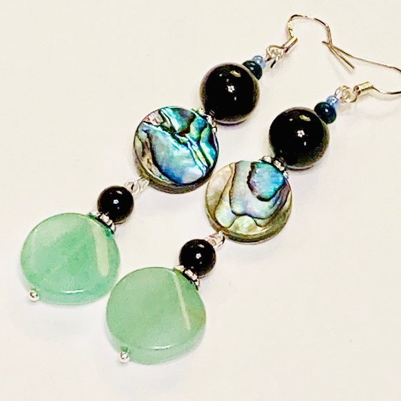 Mint Green Aventurine Stone, Fabulous Abalone & Black Onyx BOHEMIAN Earrings - Picture 3 of 6